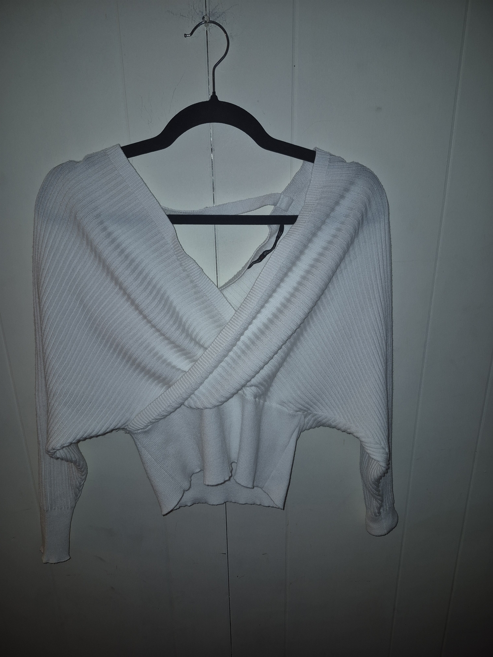 Cropped White Ribbed Wrap Sweater Top